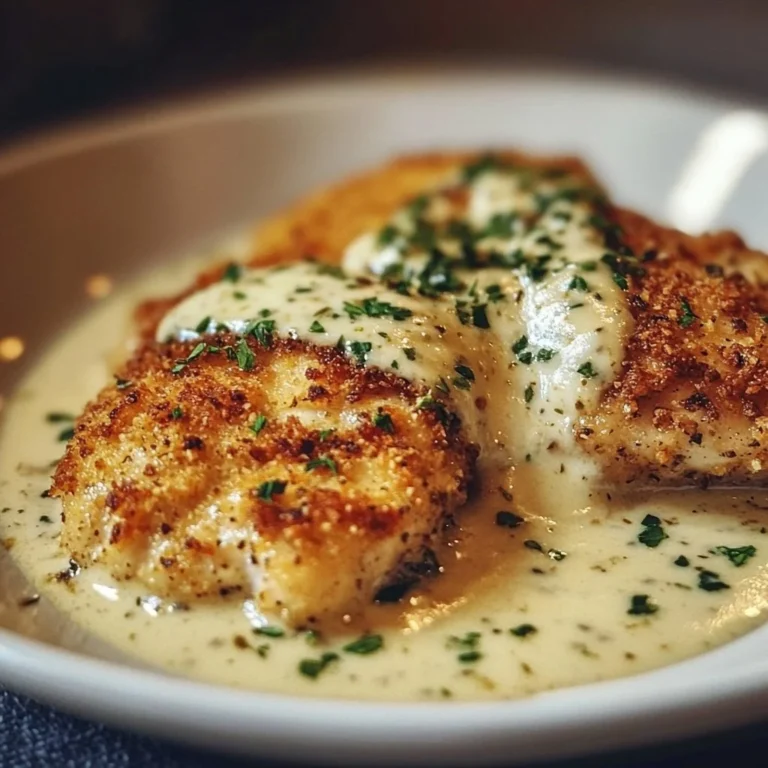 Crispy Herb-Crusted Chicken Romano with tangy Parmesan cream sauce on a plate.