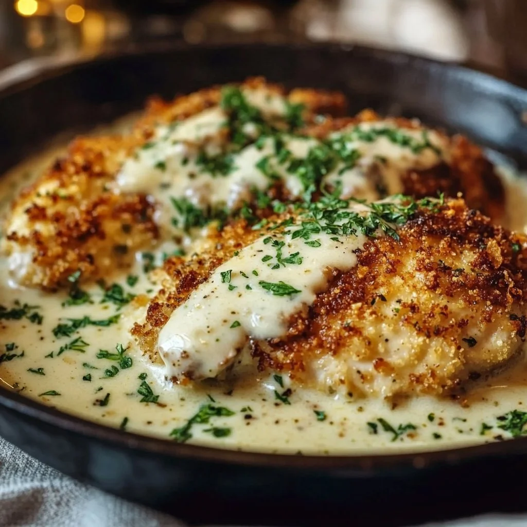 Crispy Herb-Crusted Chicken Romano with Tangy Parmesan Cream Sauce