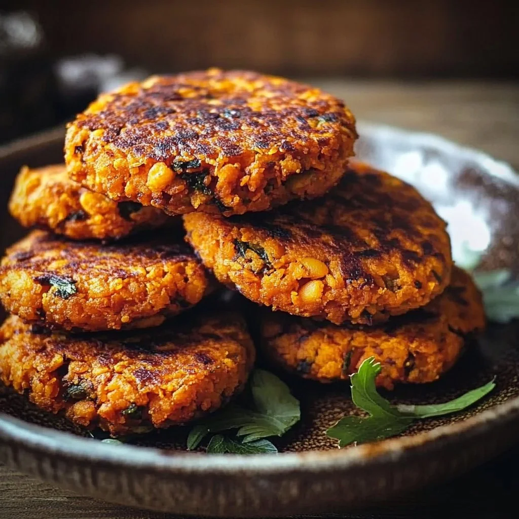 Crispy sweet potato and red lentil patties served on a plate