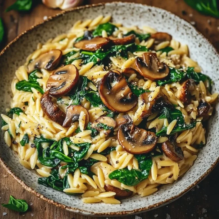 Garlic Butter Orzo with Mushrooms and Spinach in a bowl