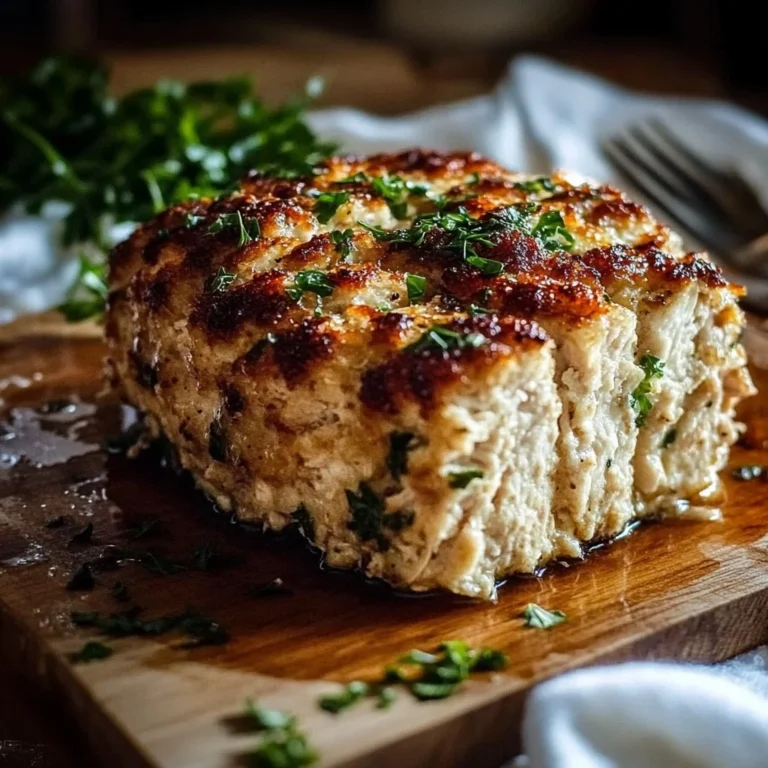 Garlic Parmesan Chicken Meatloaf served with herbs on a plate