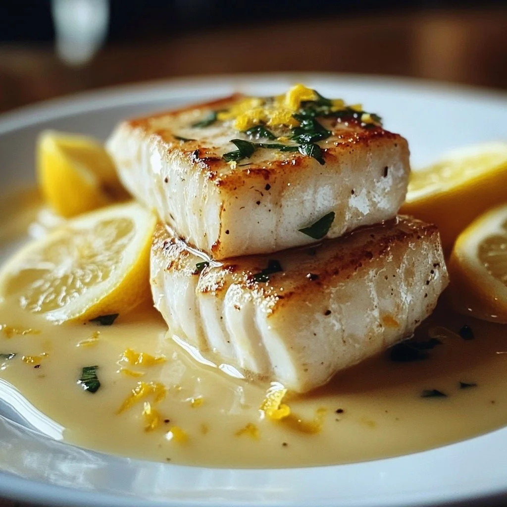 Halibut fillet topped with zesty lemon beurre blanc sauce on a white plate