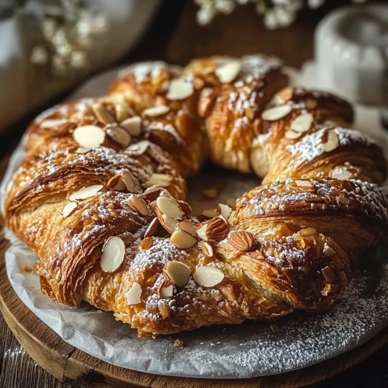 Homemade Almond Kringle topped with icing and almonds on a wooden table.