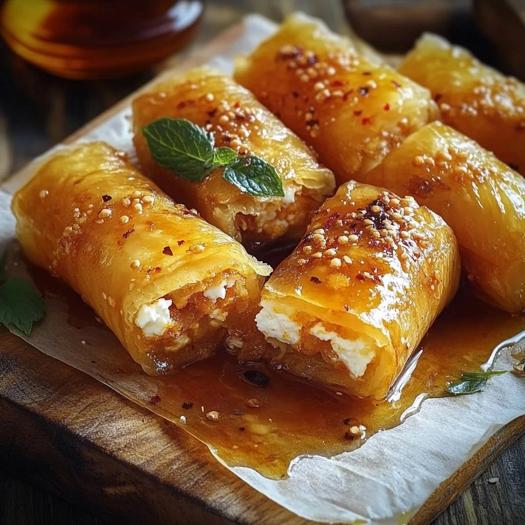 Oven Fried Feta Rolls with Chili Honey
