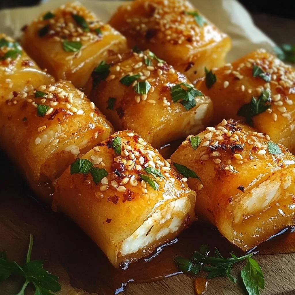 Oven Fried Feta Rolls with Chili Honey