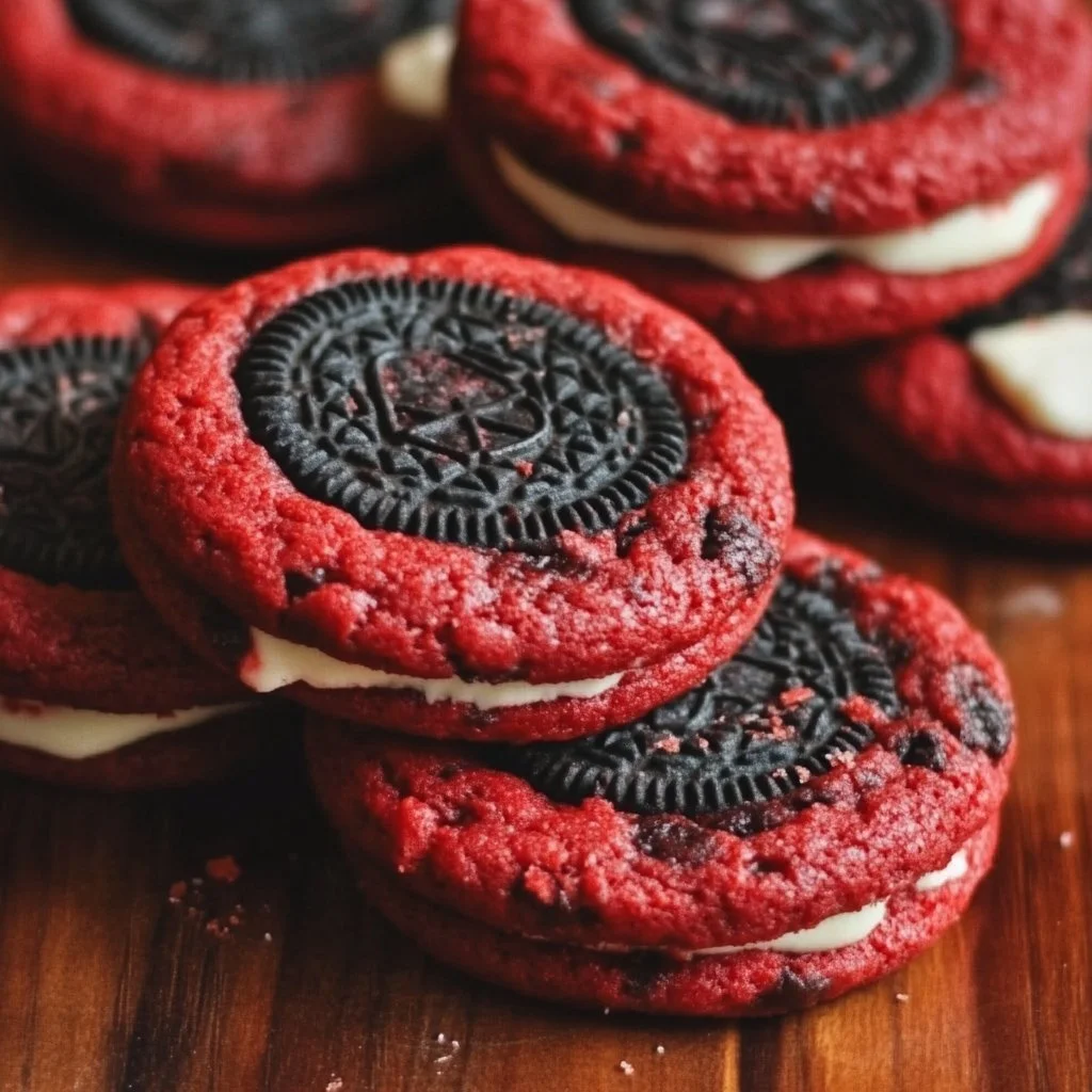 Delicious Red Velvet Oreo Cookies stacked on a white plate